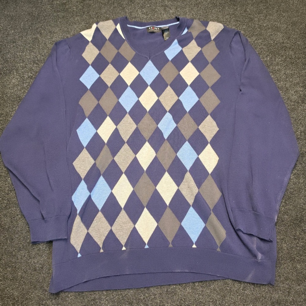 Axcess Mens XXL Blue Argyle V-Neck Cotton Knit Sweater Claiborne Company XXL